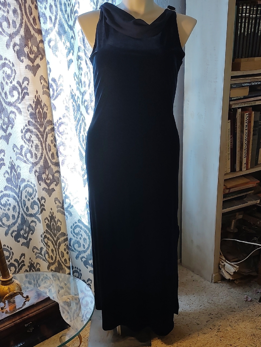 Scarlett Navy Blue Cowl Neck Velour Maxi Dress